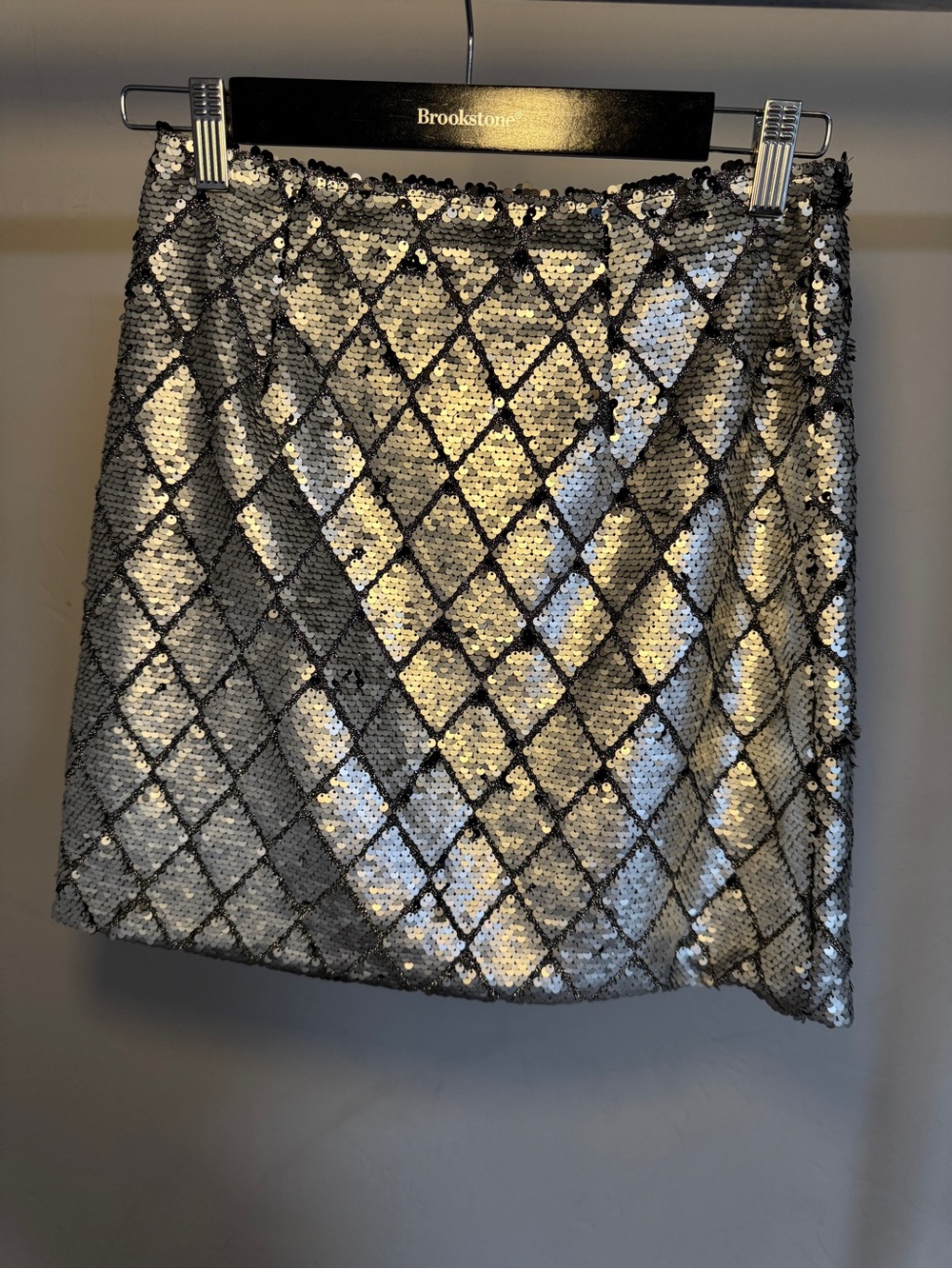 Gianni Bini Silver and Black Sequin Diamond Mini Skirt
